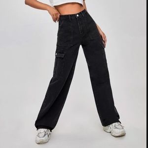 High Waist Flap Pocket Straight Jeans